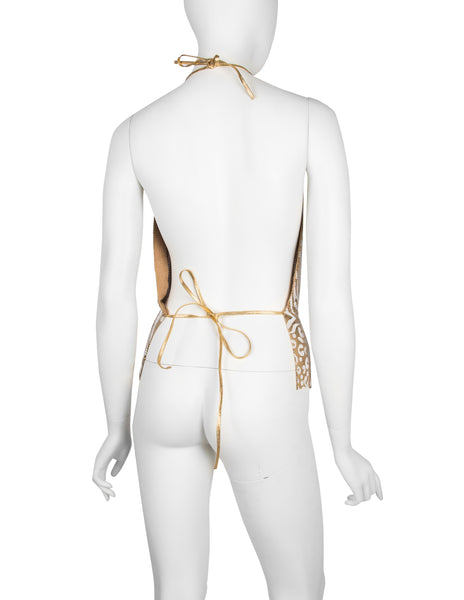 Ferrara Archive Iconic White and Gold Metallic Metal Mesh Halter Top