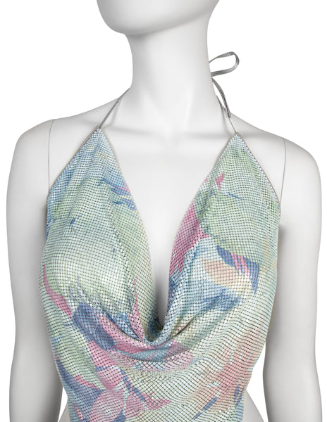 Ferrara Archive Iconic Tropical Print Pastel Metal Mesh Pointed Halter Top