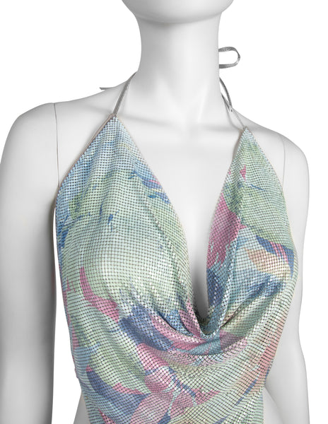 Ferrara Archive Iconic Tropical Print Pastel Metal Mesh Pointed Halter Top