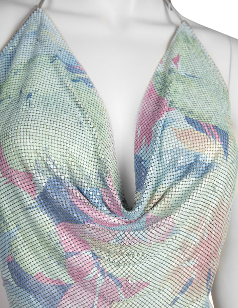 Ferrara Archive Iconic Tropical Print Pastel Metal Mesh Pointed Halter Top