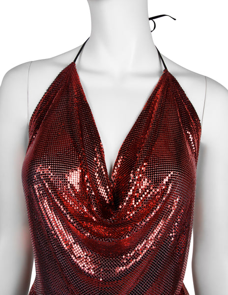 Ferrara Archive Iconic Ruby Red Metallic Metal Mesh Halter Top