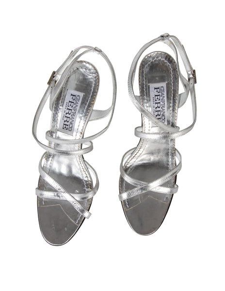 Gianfranco Ferre Vintage Metallic Silver Leather Strappy Heels