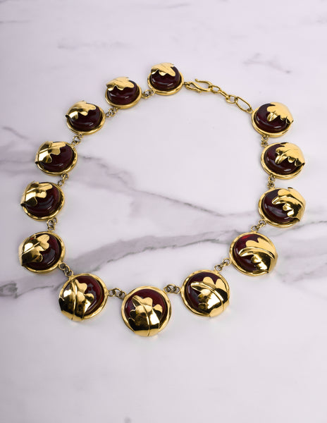 Frances Patiky Stein Vintage Red Gripoix and Golden Leaf Necklace