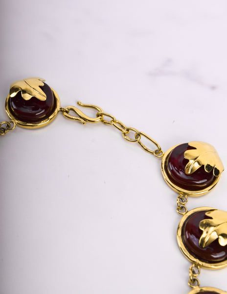 Frances Patiky Stein Vintage Red Gripoix and Golden Leaf Necklace
