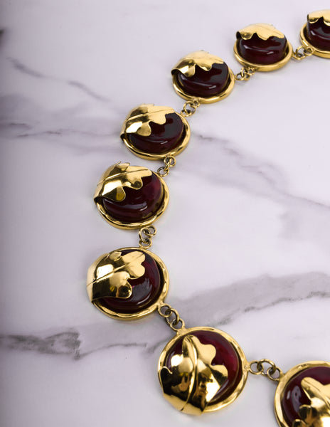 Frances Patiky Stein Vintage Red Gripoix and Golden Leaf Necklace