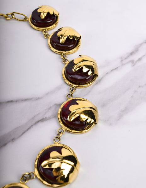 Frances Patiky Stein Vintage Red Gripoix and Golden Leaf Necklace