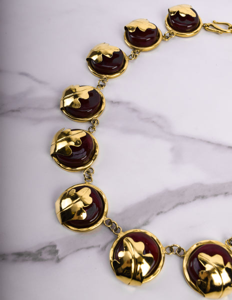 Frances Patiky Stein Vintage Red Gripoix and Golden Leaf Necklace