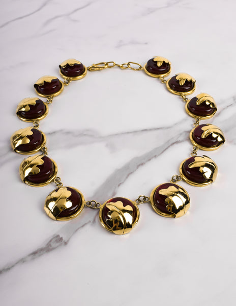 Frances Patiky Stein Vintage Red Gripoix and Golden Leaf Necklace