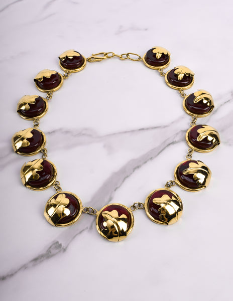 Frances Patiky Stein Vintage Red Gripoix and Golden Leaf Necklace