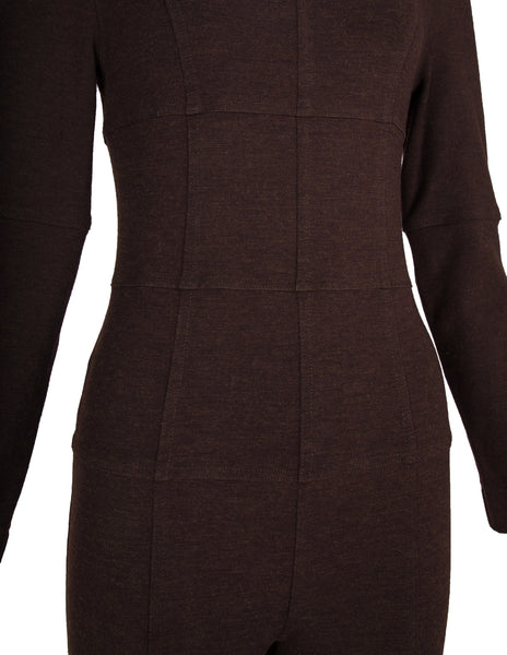 Future Ozbek Vintage Early 1990s Brown Paneled Grid Stretch Wool Catsuit