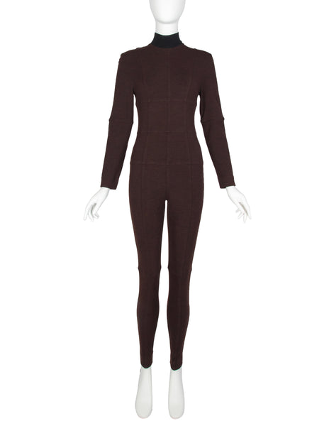 Future Ozbek Vintage Early 1990s Brown Paneled Grid Stretch Wool Catsuit
