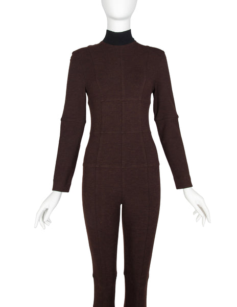 Future Ozbek Vintage Early 1990s Brown Paneled Grid Stretch Wool Catsuit