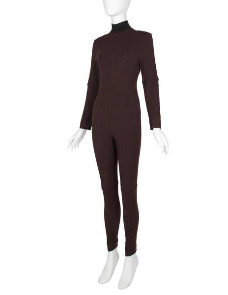 Future Ozbek Vintage Early 1990s Brown Paneled Grid Stretch Wool Catsuit