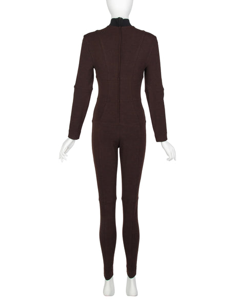 Future Ozbek Vintage Early 1990s Brown Paneled Grid Stretch Wool Catsuit