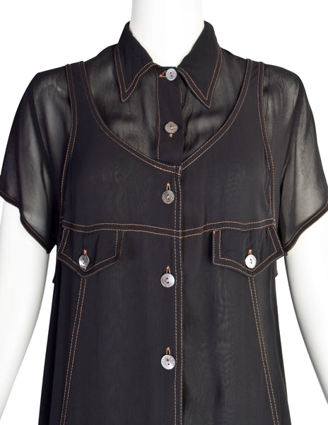 Fendi Vintage 1990s Black Sheer Layered Shirt Dress