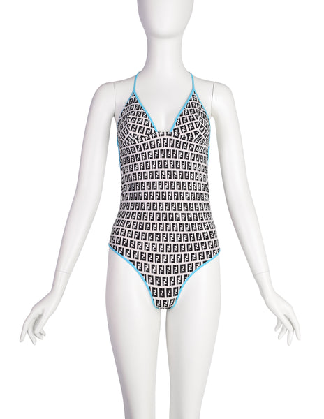 Fendi Vintage Aqua Black and White Zucca Monogram FF Logo One Piece Swimsuit
