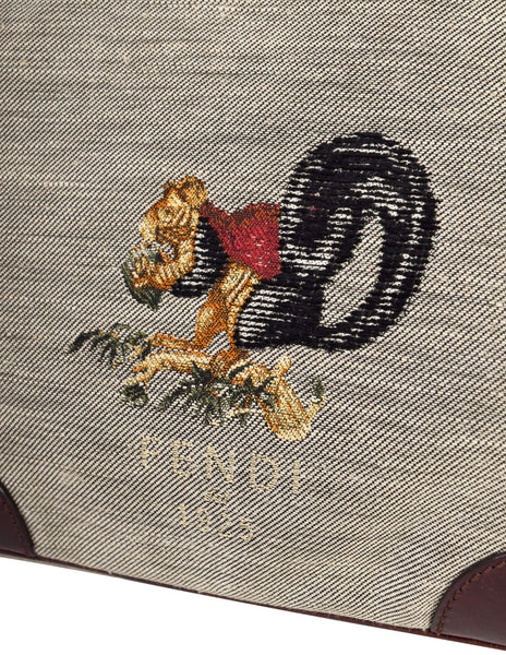 Fendi Vintage Brown Leather and Canvas Embroidered Squirrel Shoulder Bag