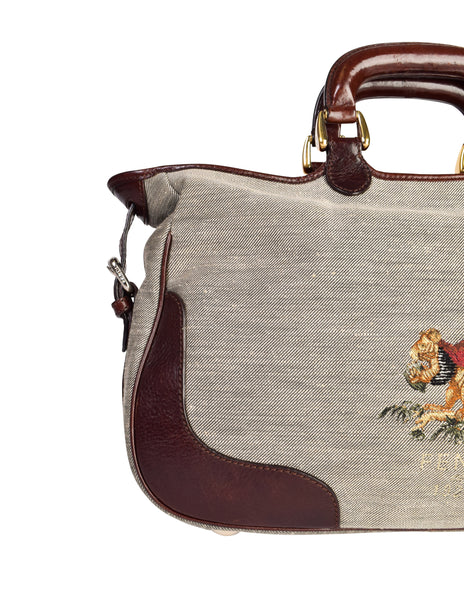 Fendi Vintage Brown Leather and Canvas Embroidered Squirrel Shoulder Bag
