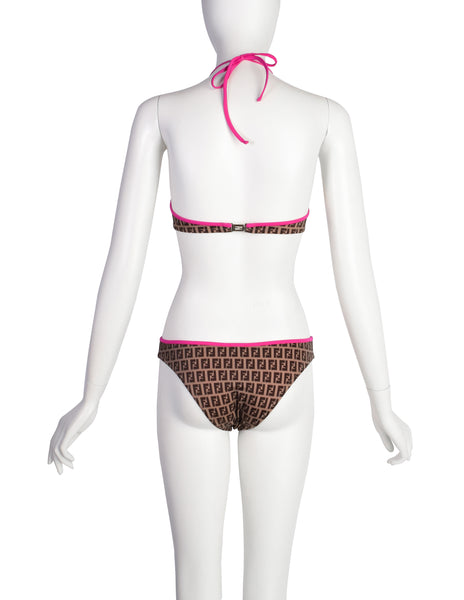 Fendi Vintage Pink and Brown Zucca Monogram FF Logo Two Piece Bikini Swimsuit