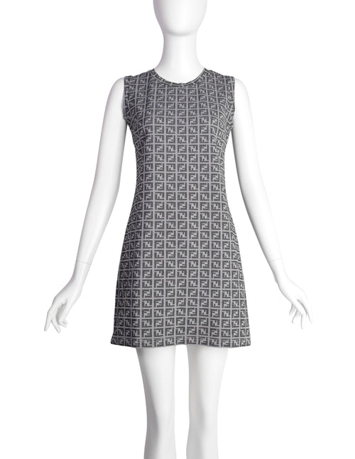 fendi dress Fendi Vintage Grey Zucca FF Logo Monogram Mini Dress – Amarcord Vintage Fashion