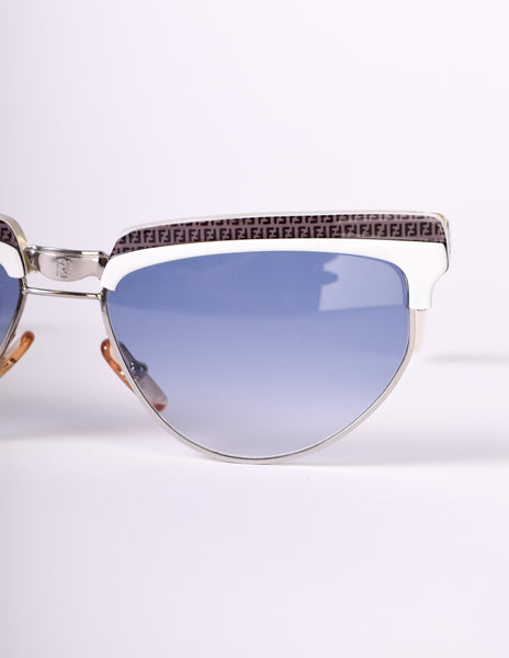Fendi Vintage White Black Grey Zucca Monogram FF Logo Cat Eye Sunglasses