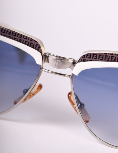 Fendi Vintage White Black Grey Zucca Monogram FF Logo Cat Eye Sunglasses