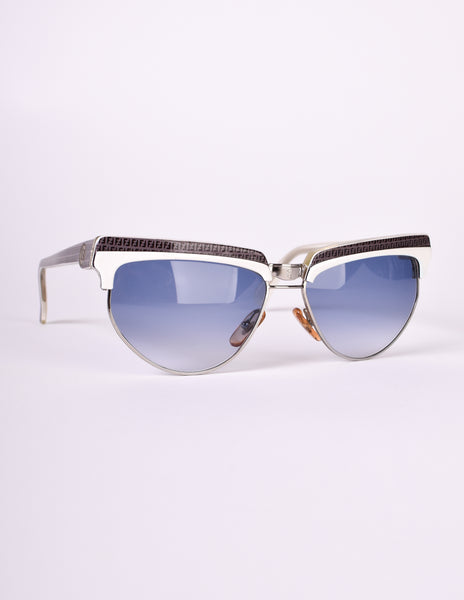 Fendi Vintage White Black Grey Zucca Monogram FF Logo Cat Eye Sunglasses