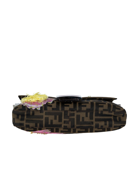 Fendi Vintage Iconic Zucca Monogram Floral Applique Baguette Bag
