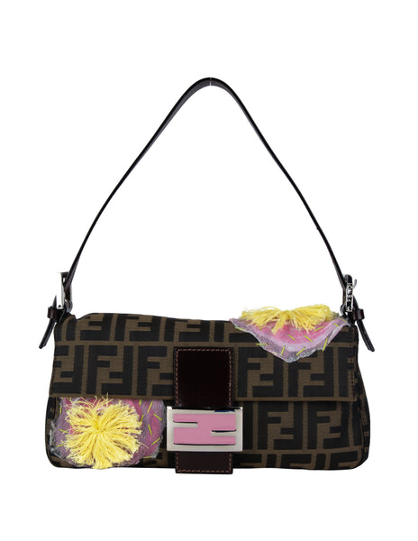 Fendi Vintage Iconic Zucca Monogram Floral Applique Baguette Bag
