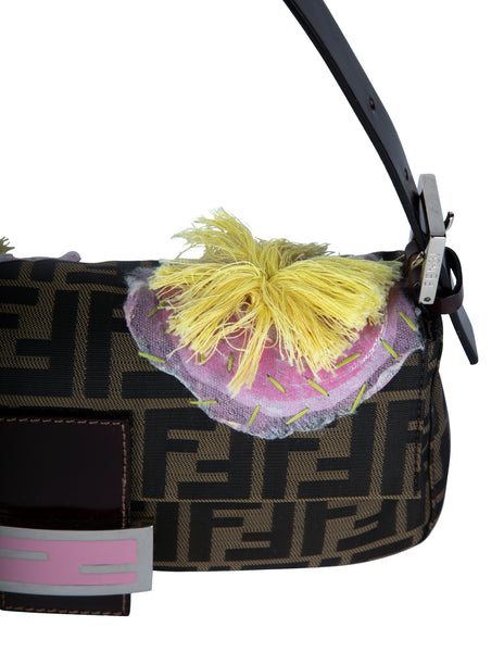 Fendi Vintage Iconic Zucca Monogram Floral Applique Baguette Bag