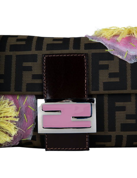 Fendi Vintage Iconic Zucca Monogram Floral Applique Baguette Bag