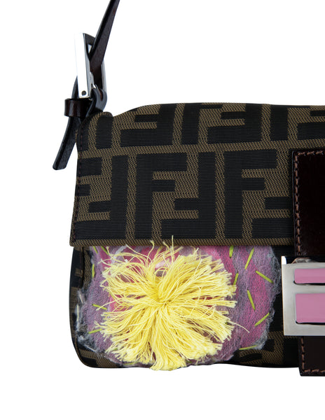 Fendi Vintage Iconic Zucca Monogram Floral Applique Baguette Bag