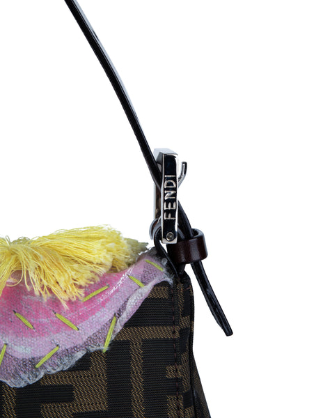 Fendi Vintage Iconic Zucca Monogram Floral Applique Baguette Bag