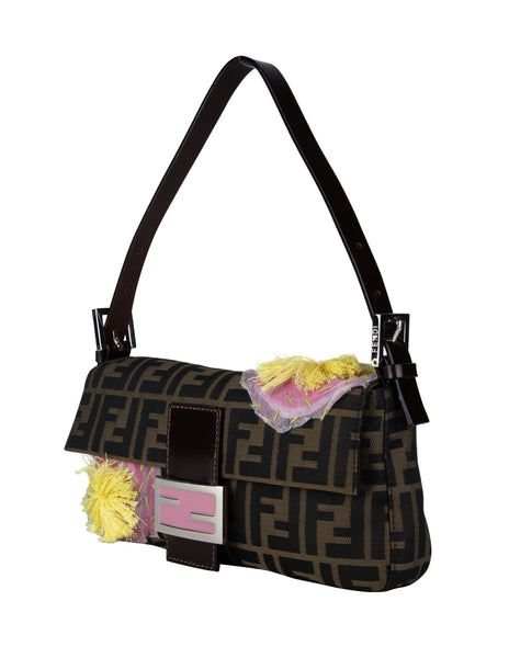 Fendi Vintage Iconic Zucca Monogram Floral Applique Baguette Bag