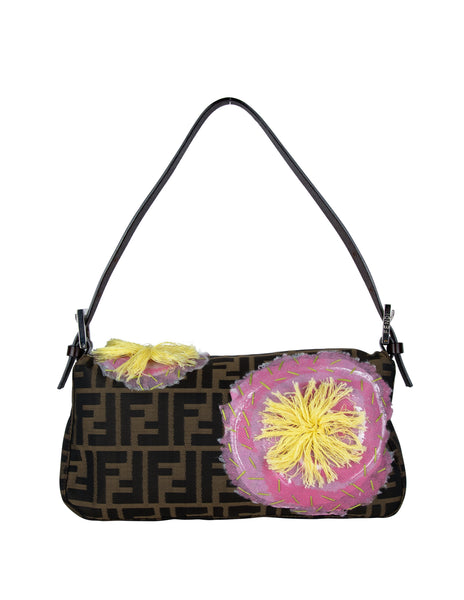 Fendi Vintage Iconic Zucca Monogram Floral Applique Baguette Bag