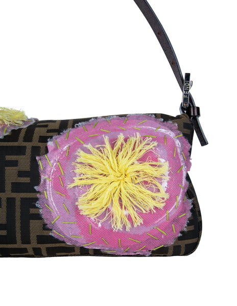 Fendi Vintage Iconic Zucca Monogram Floral Applique Baguette Bag