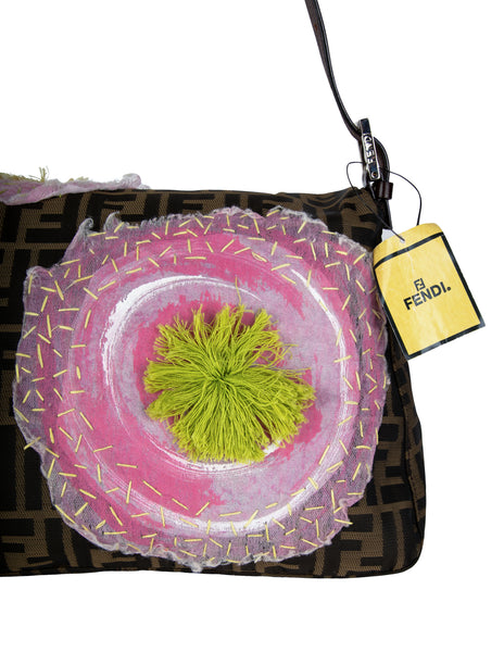 Fendi Vintage Iconic Zucca Monogram Floral Applique Large Mamma Baguette Bag