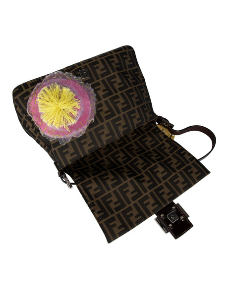Fendi Vintage Iconic Zucca Monogram Floral Applique Large Mamma Baguette Bag