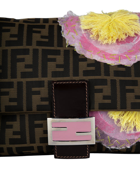Fendi Vintage Iconic Zucca Monogram Floral Applique Large Mamma Baguette Bag