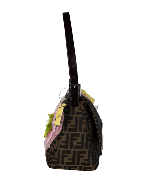 Fendi Vintage Iconic Zucca Monogram Floral Applique Large Mamma Baguette Bag