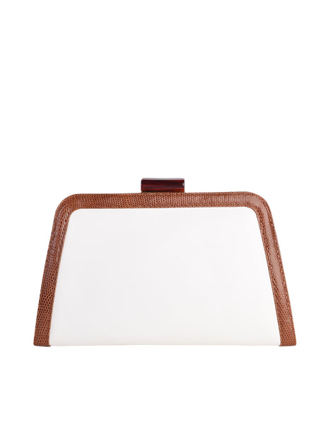 Ferragamo Vintage White Leather Brown Trimming Convertible Crossbody Clutch Bag
