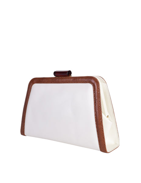Ferragamo Vintage White Leather Brown Trimming Convertible Crossbody Clutch Bag