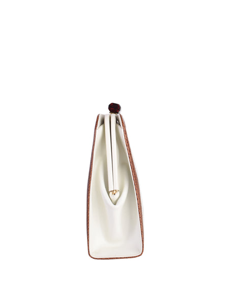 Ferragamo Vintage White Leather Brown Trimming Convertible Crossbody Clutch Bag