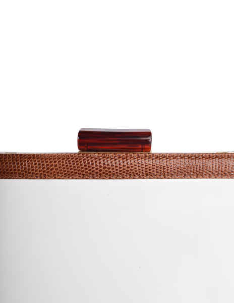 Ferragamo Vintage White Leather Brown Trimming Convertible Crossbody Clutch Bag