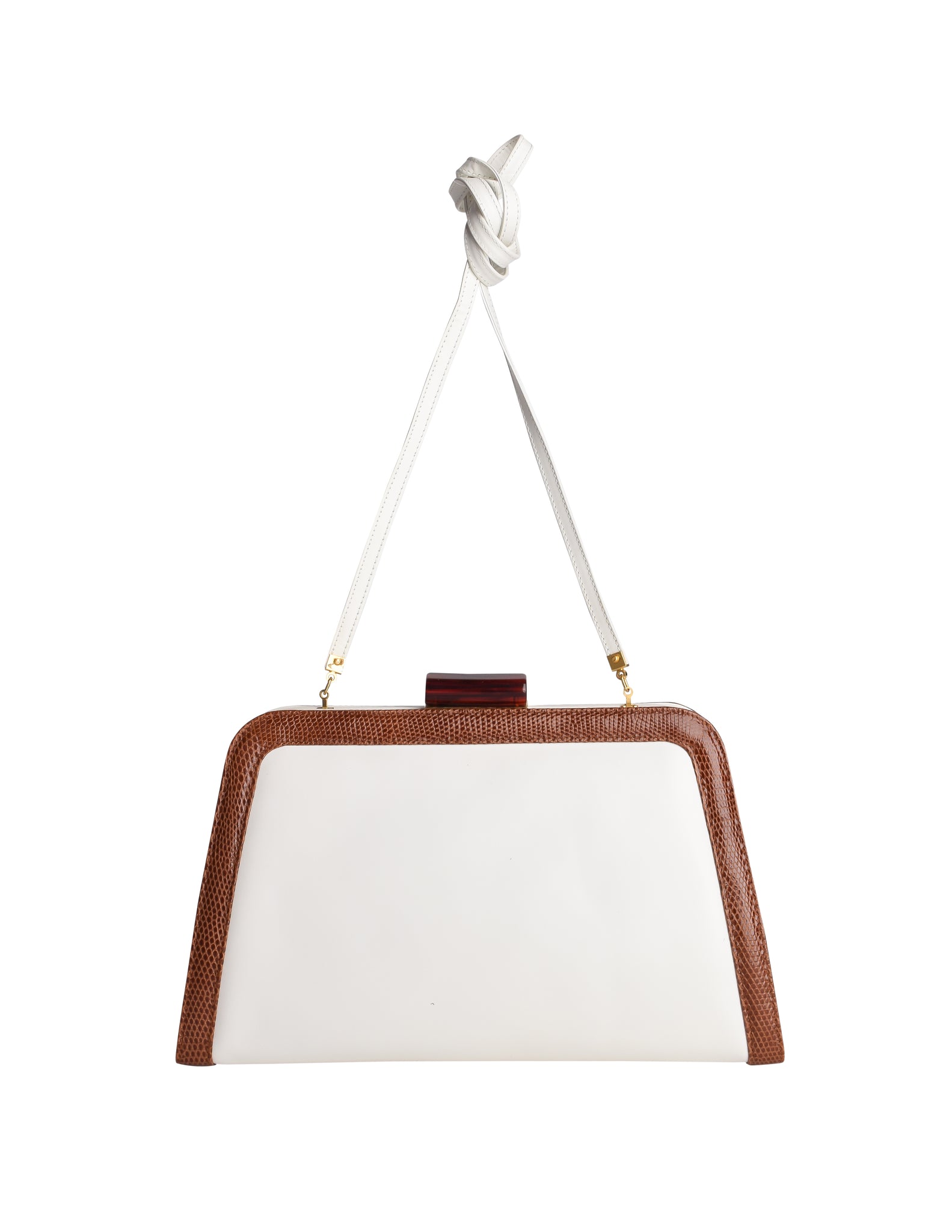 Ferragamo Vintage White Leather Brown Trimming Convertible Crossbody Clutch Bag
