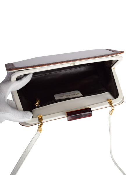 Ferragamo Vintage White Leather Brown Trimming Convertible Crossbody Clutch Bag