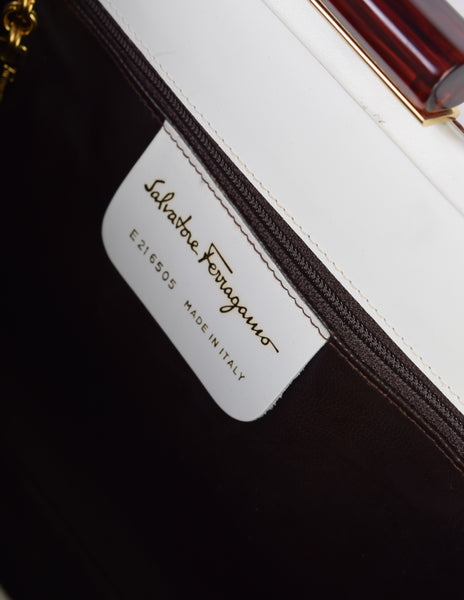 Ferragamo Vintage White Leather Brown Trimming Convertible Crossbody Clutch Bag