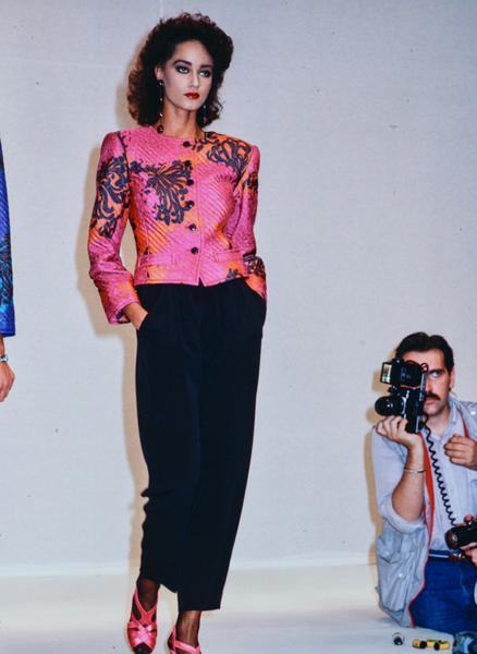 Yves Saint Laurent Vintage SS 1986 Red Pink Black Chrysanthemum Quilted Silk Jacket