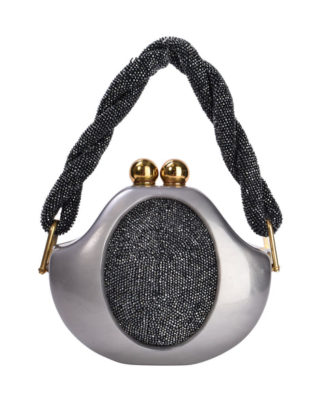 Fre-Mor Vintage 1940s-50s Marbled Grey Pearl Beaded Inlay Clam Handbag