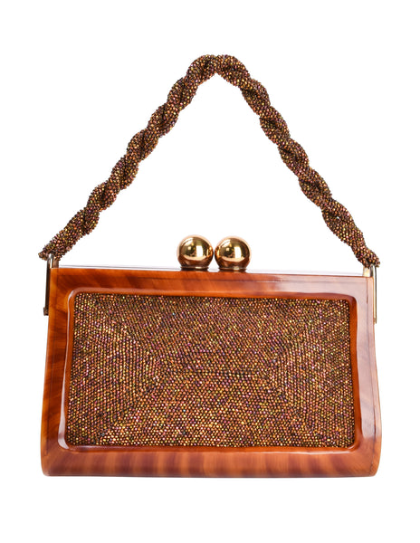 Fre-Mor Vintage 1940s-50s Butterscotch Lucite Copper Beaded Inlay Handbag